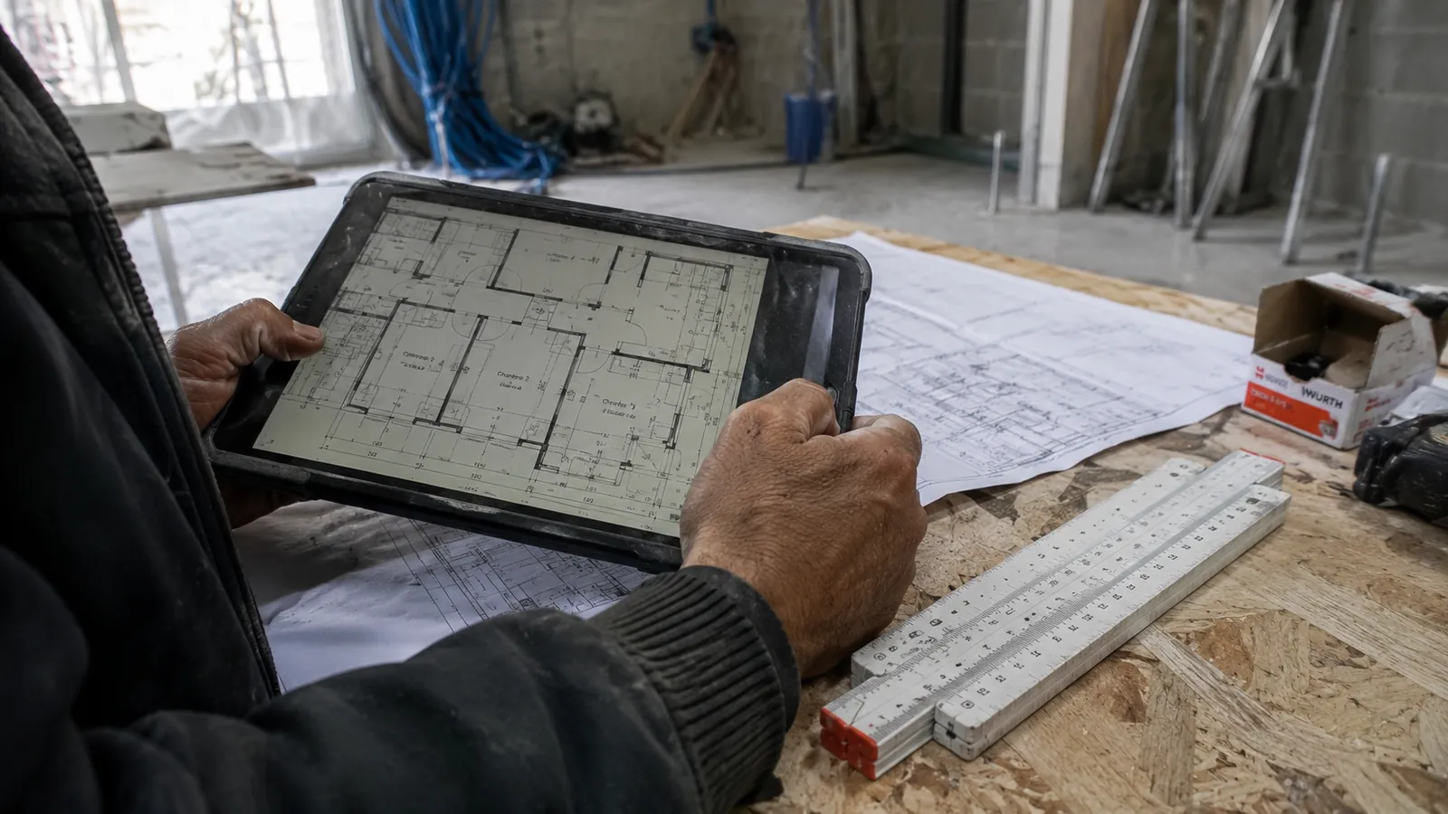 Artisan consultant les plans du chantier sur tablette, plans papier et mètre pliant